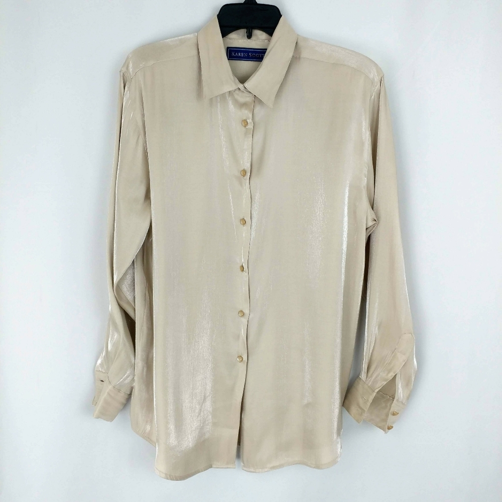 Karen Scott Shiny Cream Button-Down Blouse